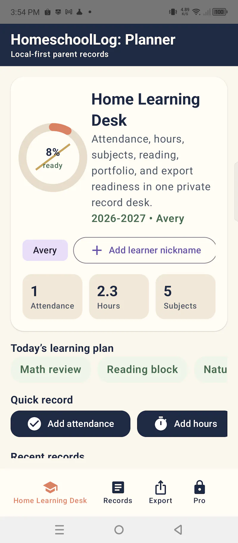 HomeschoolLog: Planner screenshot 1