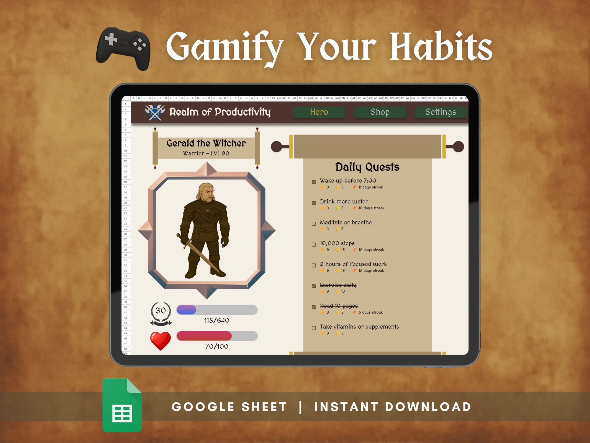 Habit Tracker as an RPG in Google Sheets