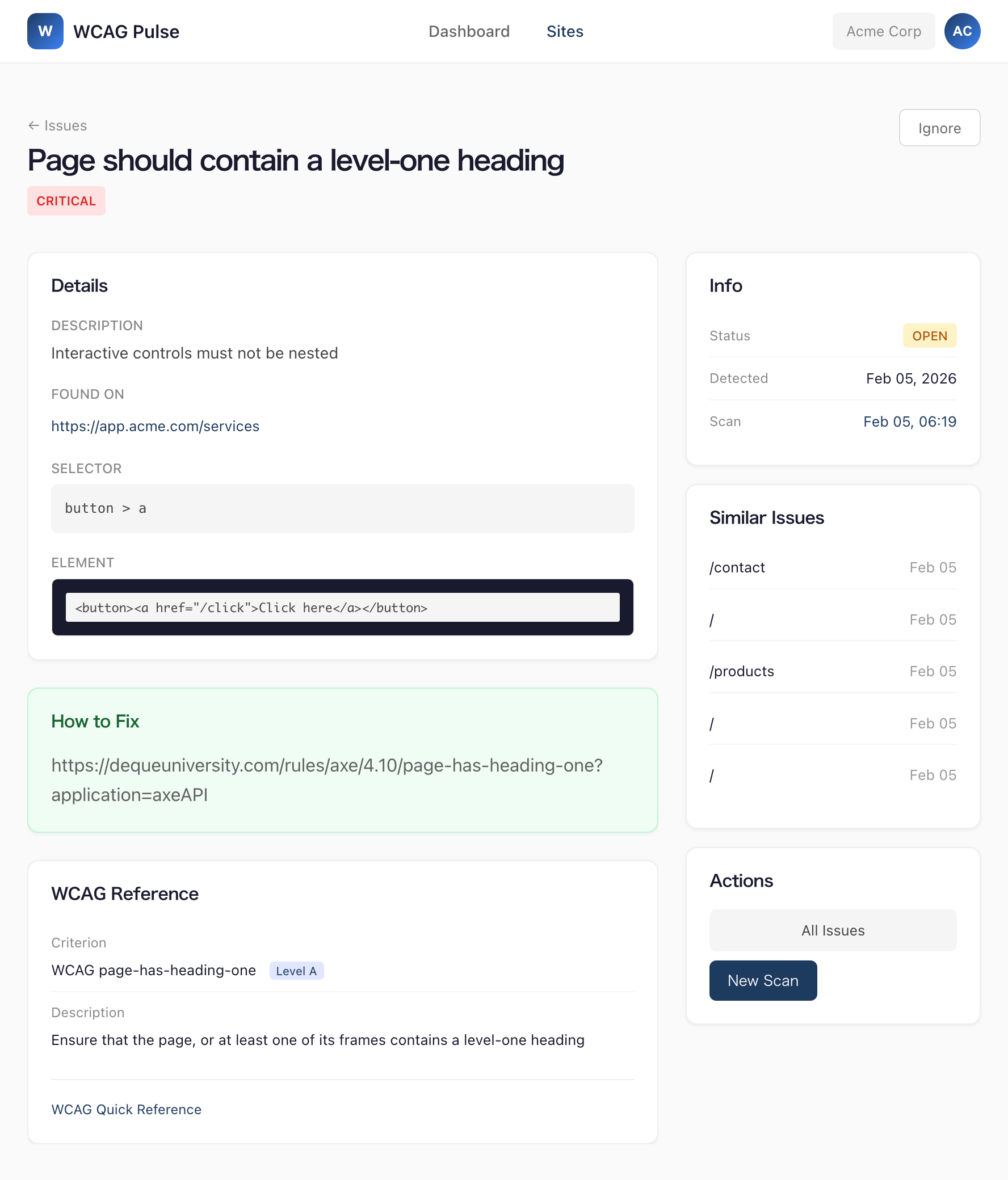 WCAG Pulse - Screenshot 2 showing product features and functionality