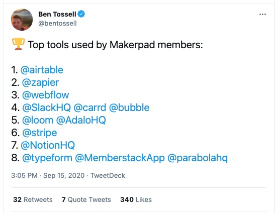 Ben Tossell tweet on top Makerpad no-code tools with Zapier