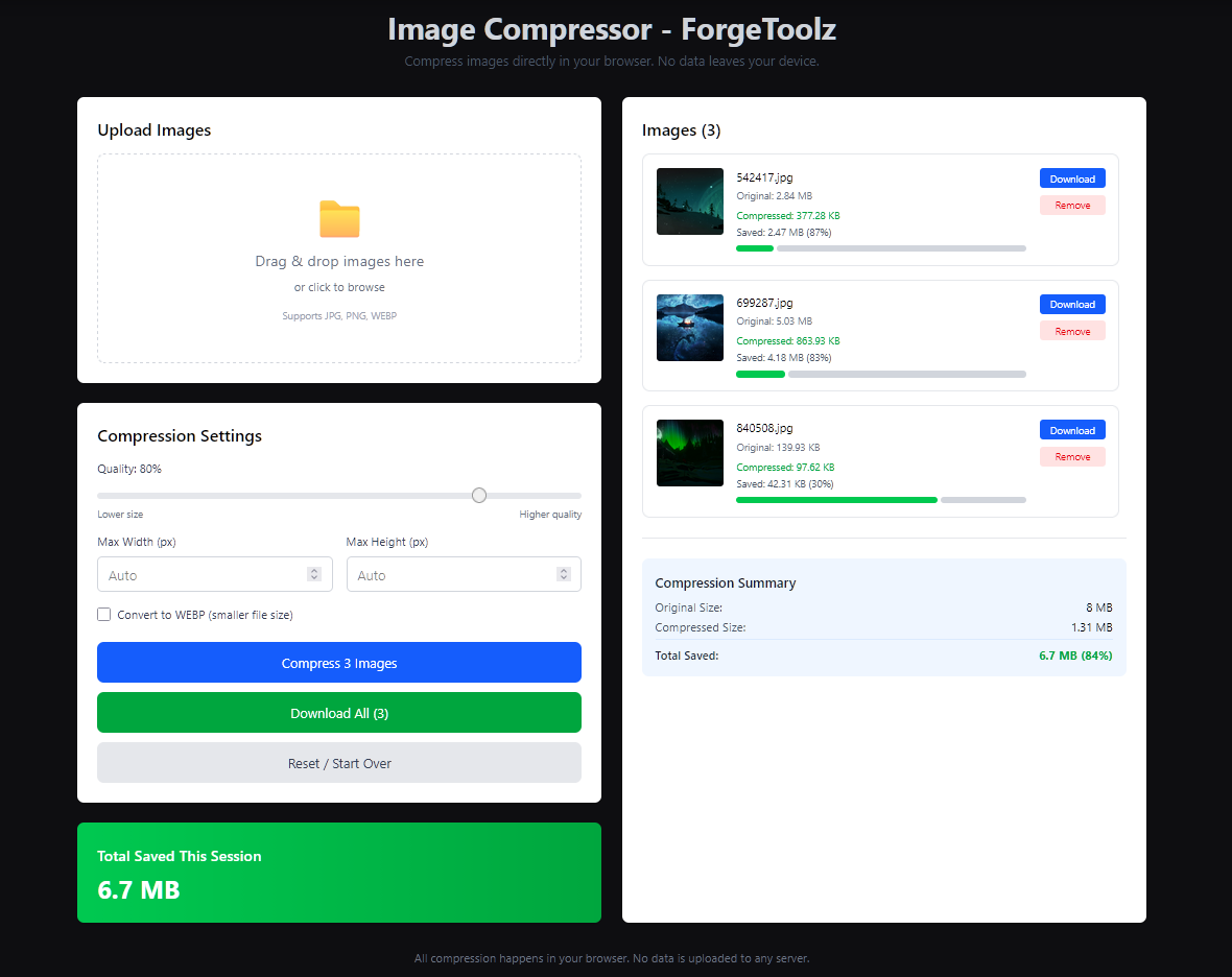 Batch Image Compressor - ForgeToolz - Main product screenshot demonstrating key features and user interface