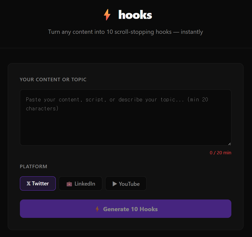 Hooks — Generate 10 hooks instantly