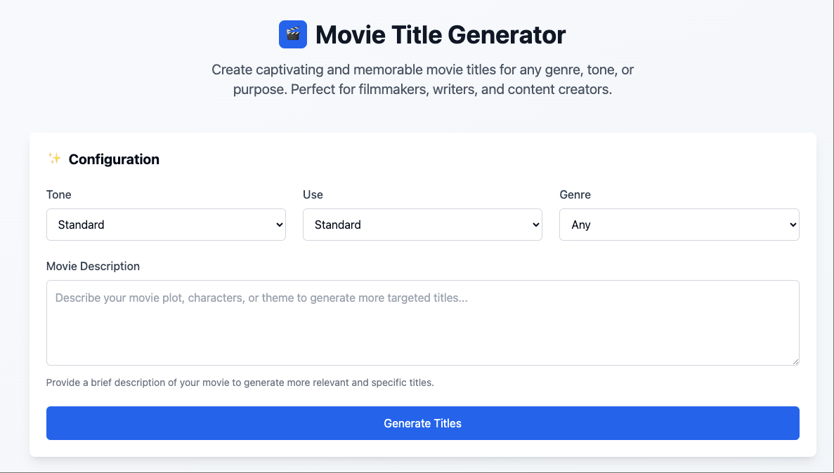 Movie Title Generator - Create captivating and memorable movie titles for any media 1