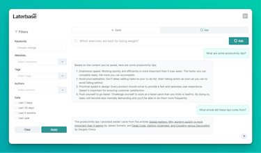 Destilando información con Laterbase AI: encuentra y destila de manera fácil información crítica con la gestión de marcadores impulsada por inteligencia artificial.