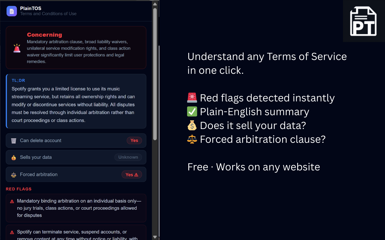 PlainTOS - Main product screenshot demonstrating key features and user interface