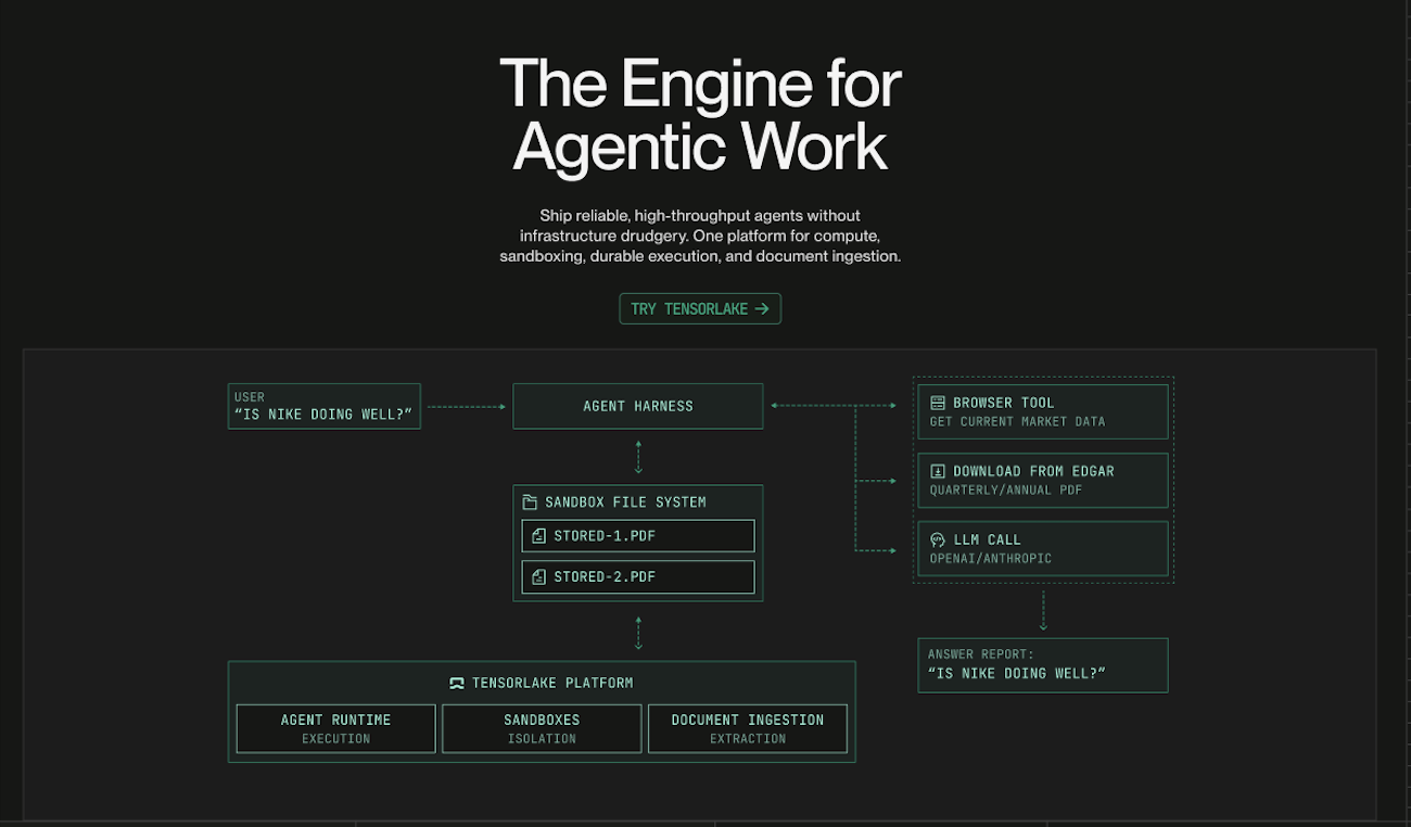 Tensorlake AgentRuntime - Main product screenshot demonstrating key features and user interface