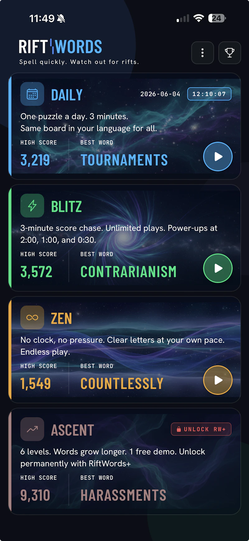 RiftWords: Multilingual Daily Word Game screenshot 1