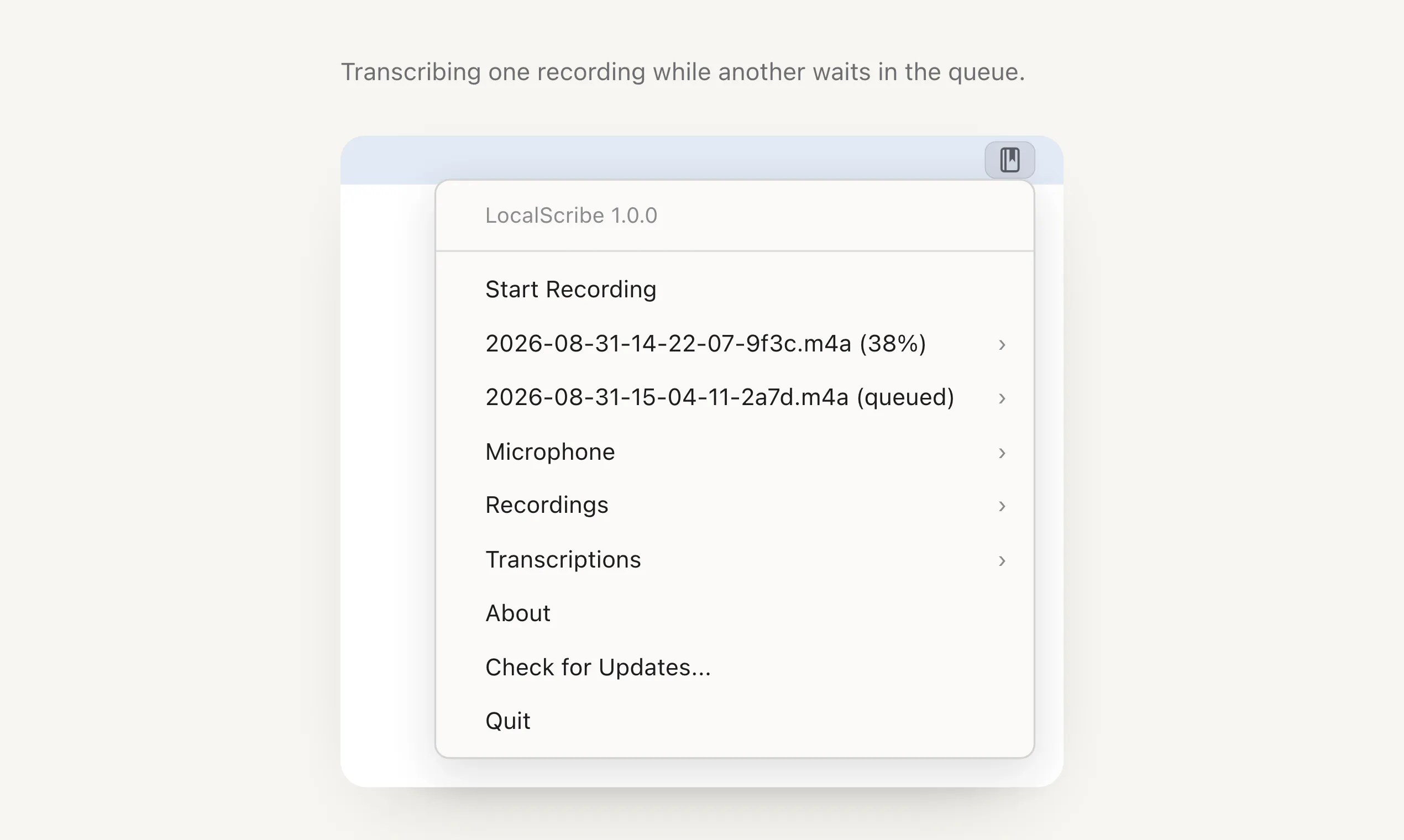 LocalScribe. Transcribe locally on Mac. gallery image