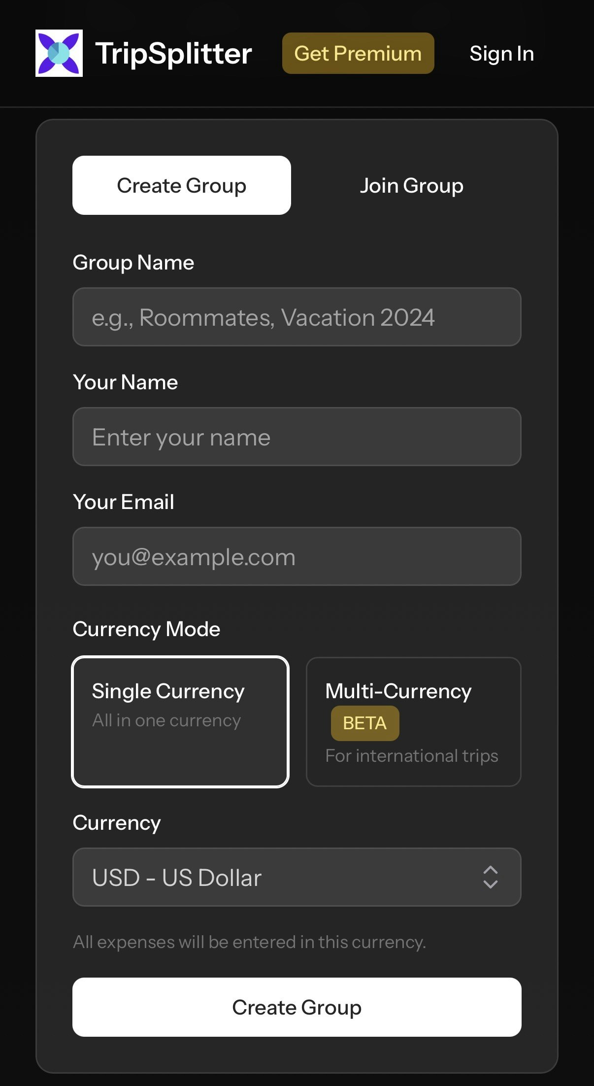 TripSplitter - Main product screenshot demonstrating key features and user interface