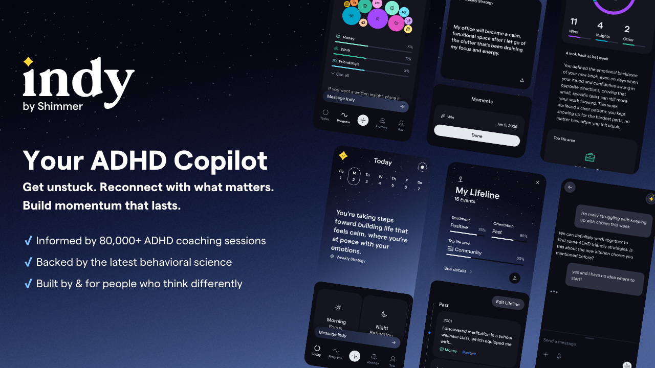 Indy: Your ADHD Copilot - Main product screenshot demonstrating key features and user interface
