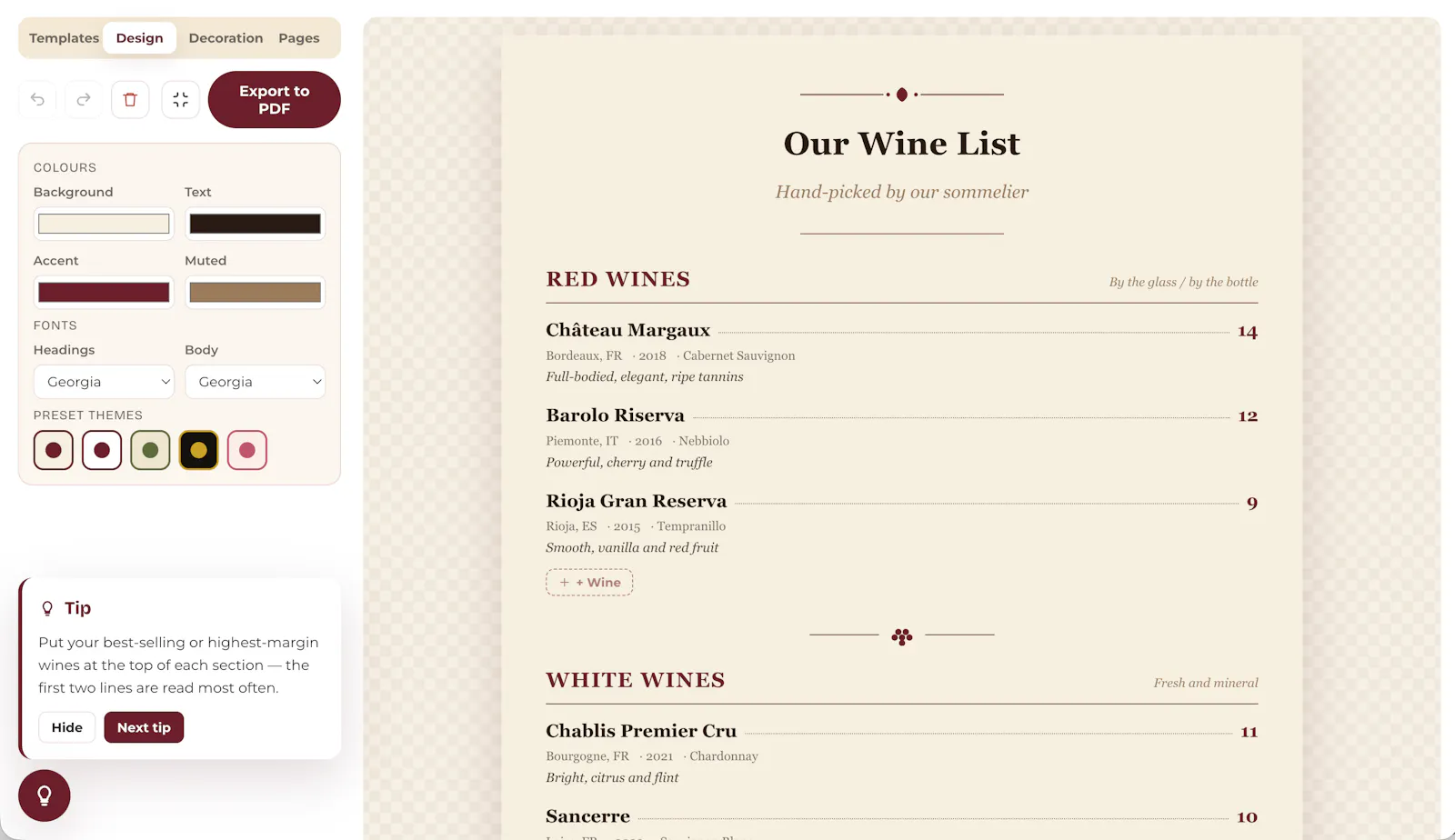 Free Wine Menu Maker screenshot 1