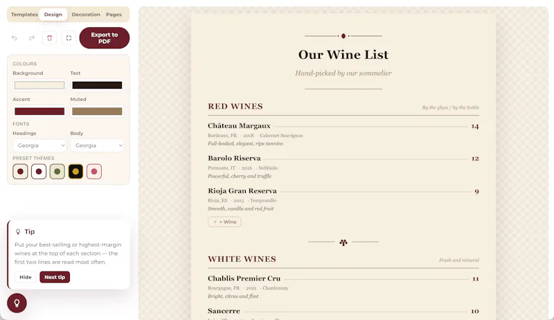 Free Wine Menu Maker screenshot 1
