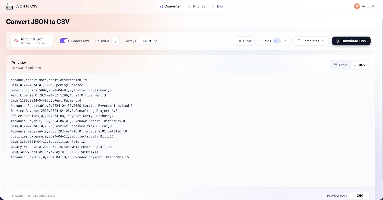 JSON to CSV screenshot 2
