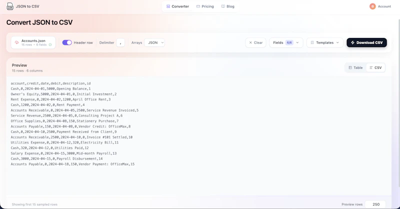 JSON to CSV screenshot 2