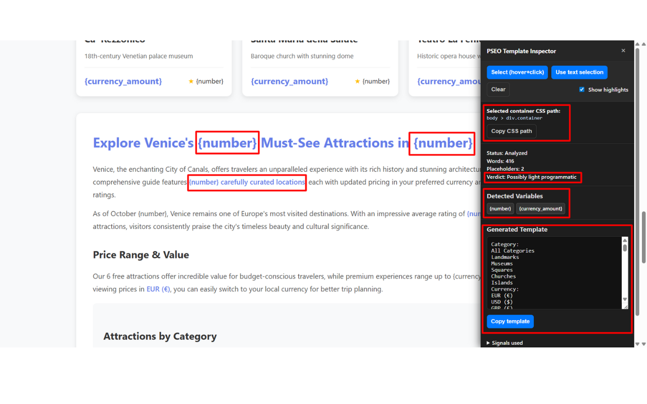 Programmatic SEO Template Inspector - Screenshot 2 showing product features and functionality
