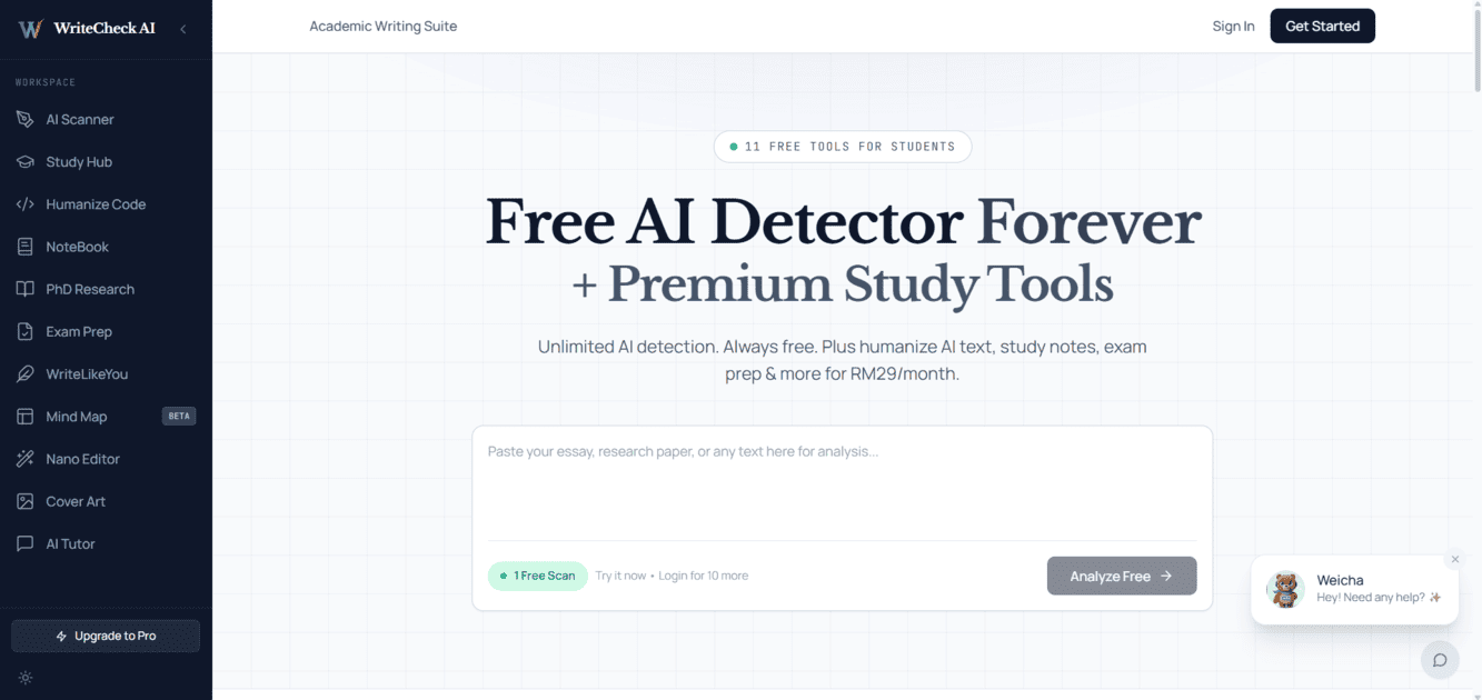 WriteCheck AI - Main product screenshot demonstrating key features and user interface
