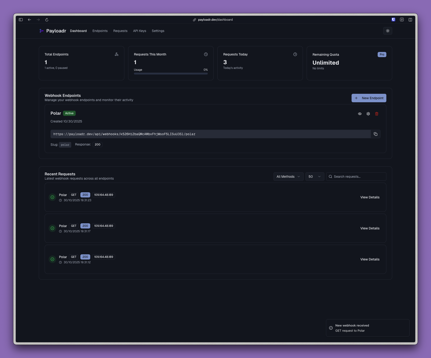 Payloadr - Modern webhook testing gallery image