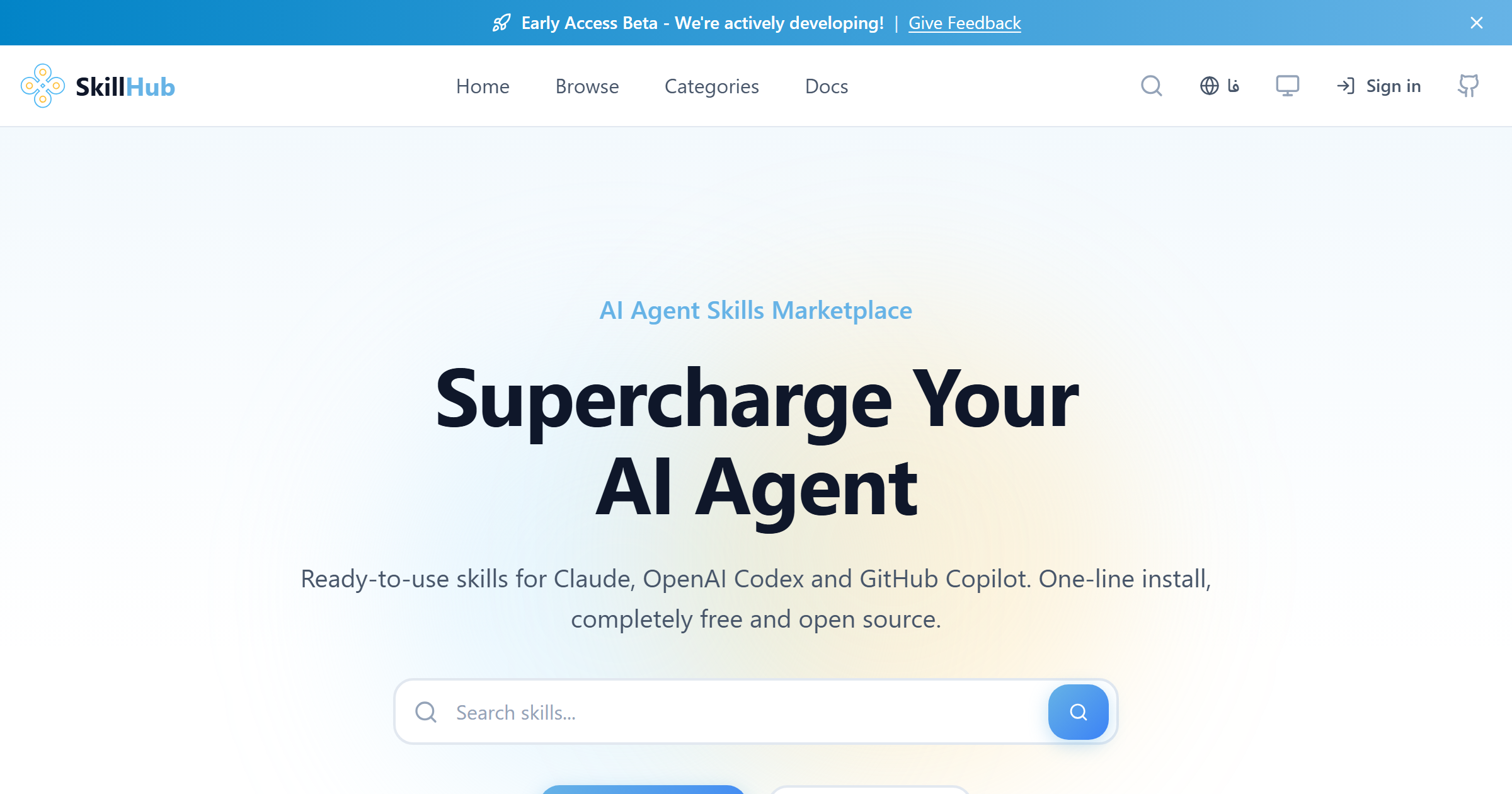 SkillHub for AI Agents - Screenshot 2 showing product features and functionality