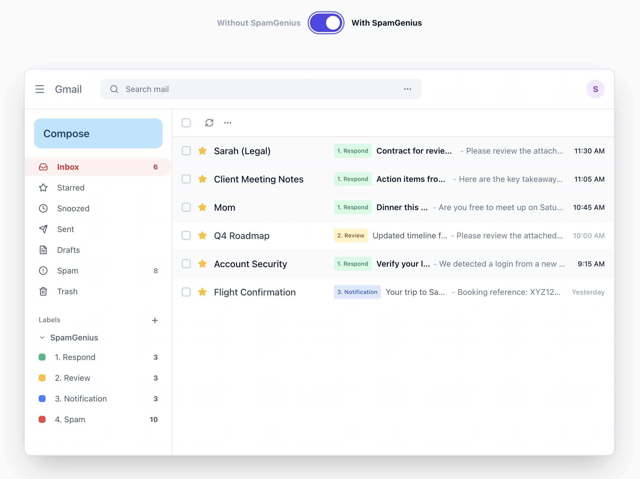 SpamGenius - Main product screenshot demonstrating key features and user interface