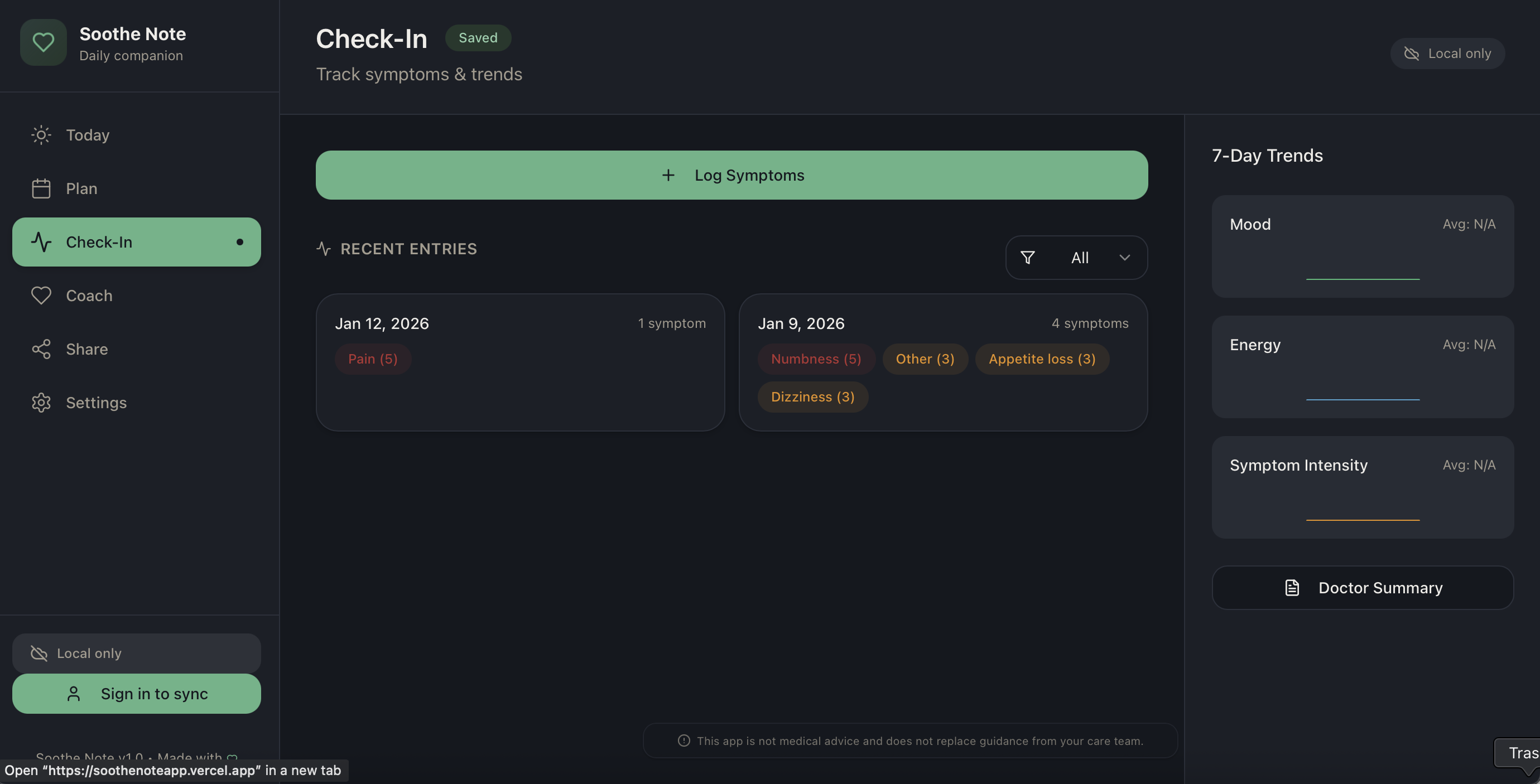 Soothe Note — Cancer Care Companion - Screenshot 2 showing product features and functionality