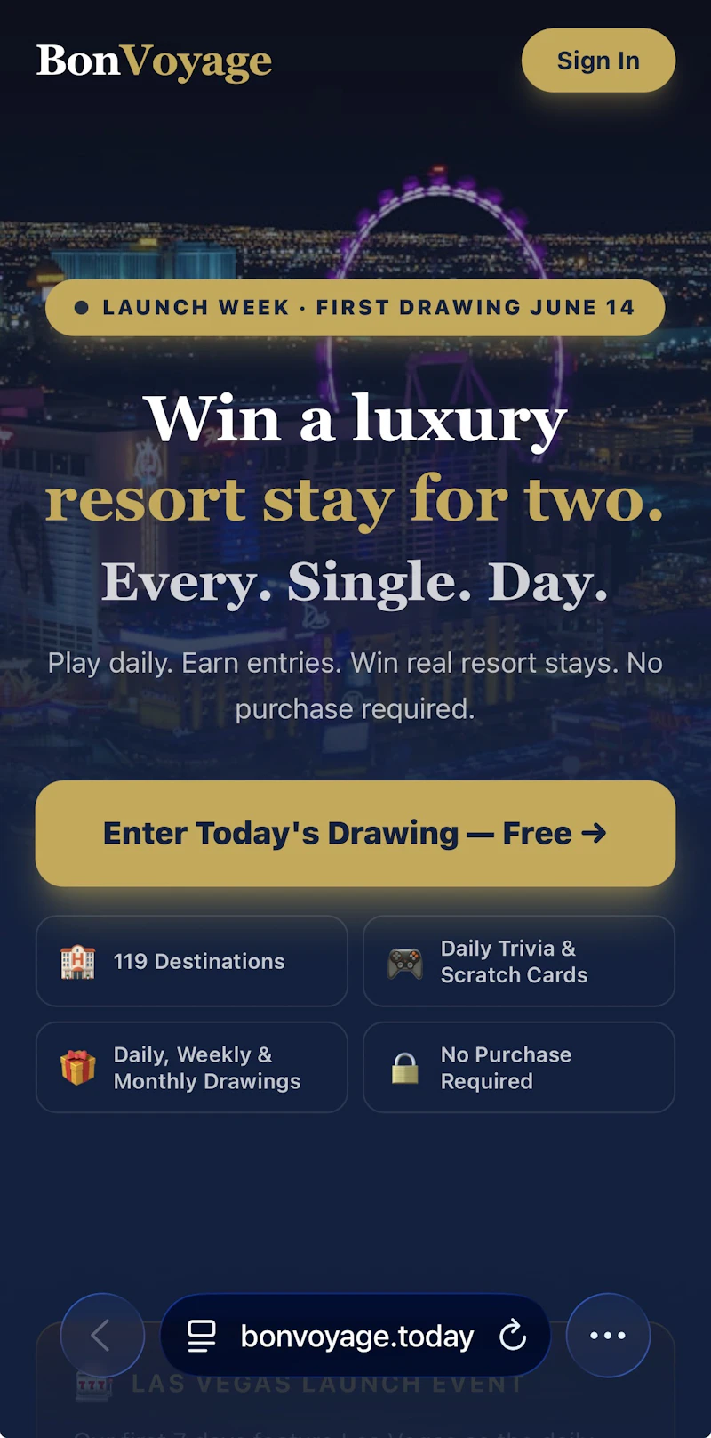 BonVoyage — Win a Vacation Every Day screenshot 1