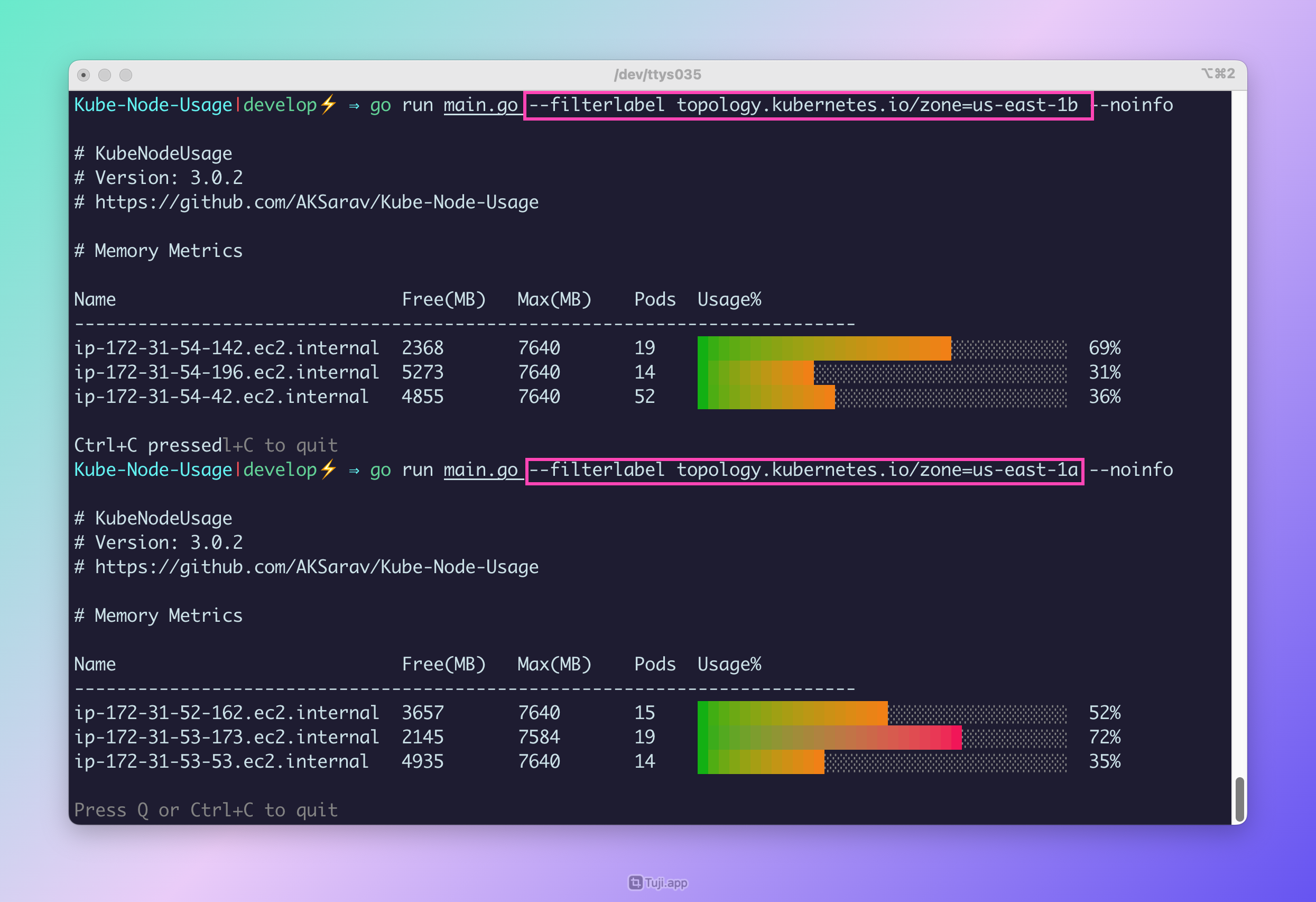 Kubenodeusage - Kubernetes โหนดการใช้งาน Visualizer - แอพเทอร์มินัลสร้างขึ้นเมื่อไป media 4