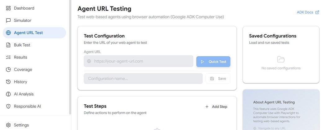 Conversational Agents Testing Tool - Main product screenshot demonstrating key features and user interface