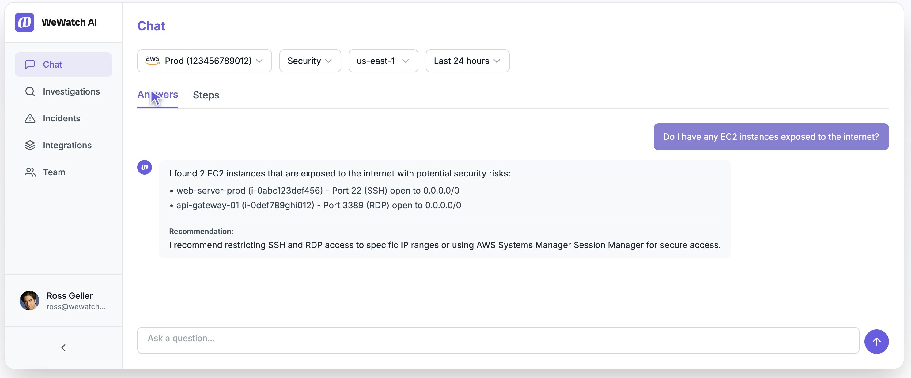 WeWatch AI - Investigate alerts faster - Main product screenshot demonstrating key features and user interface