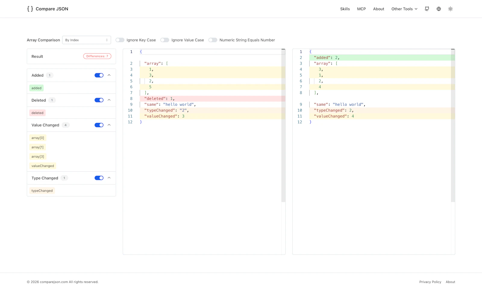 Compare JSON screenshot 2