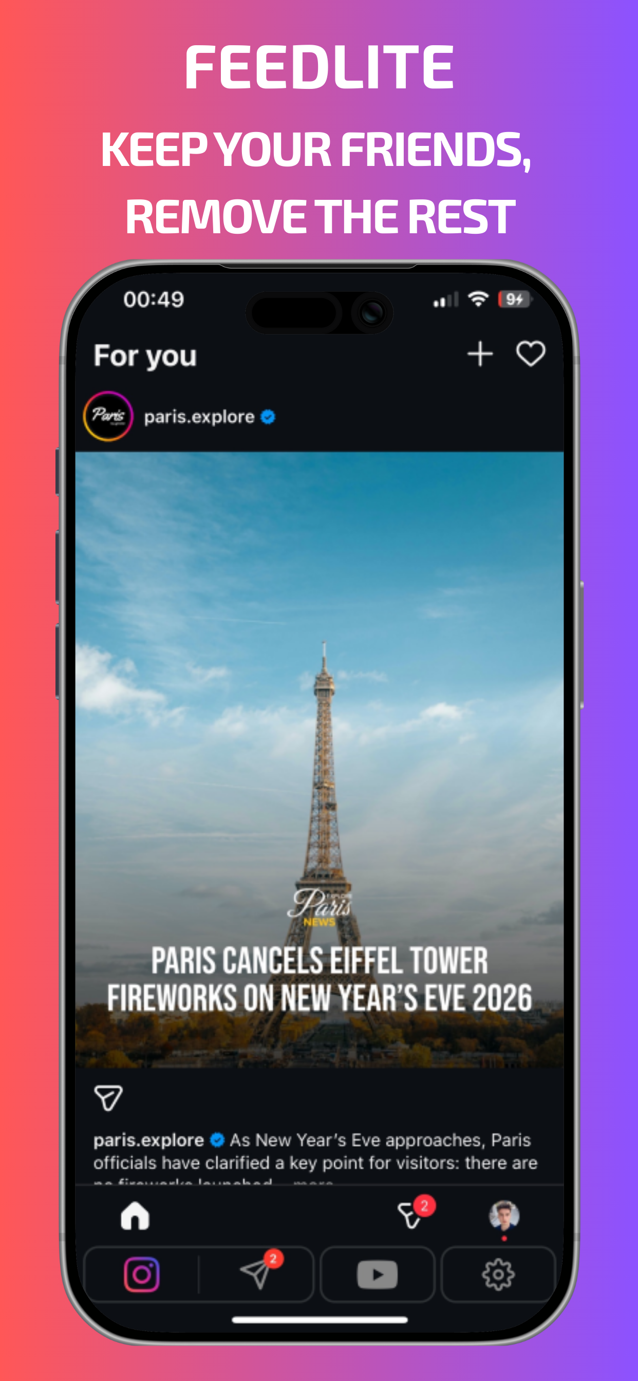 FeedLite App - Remove Reels & Shorts - Main product screenshot demonstrating key features and user interface