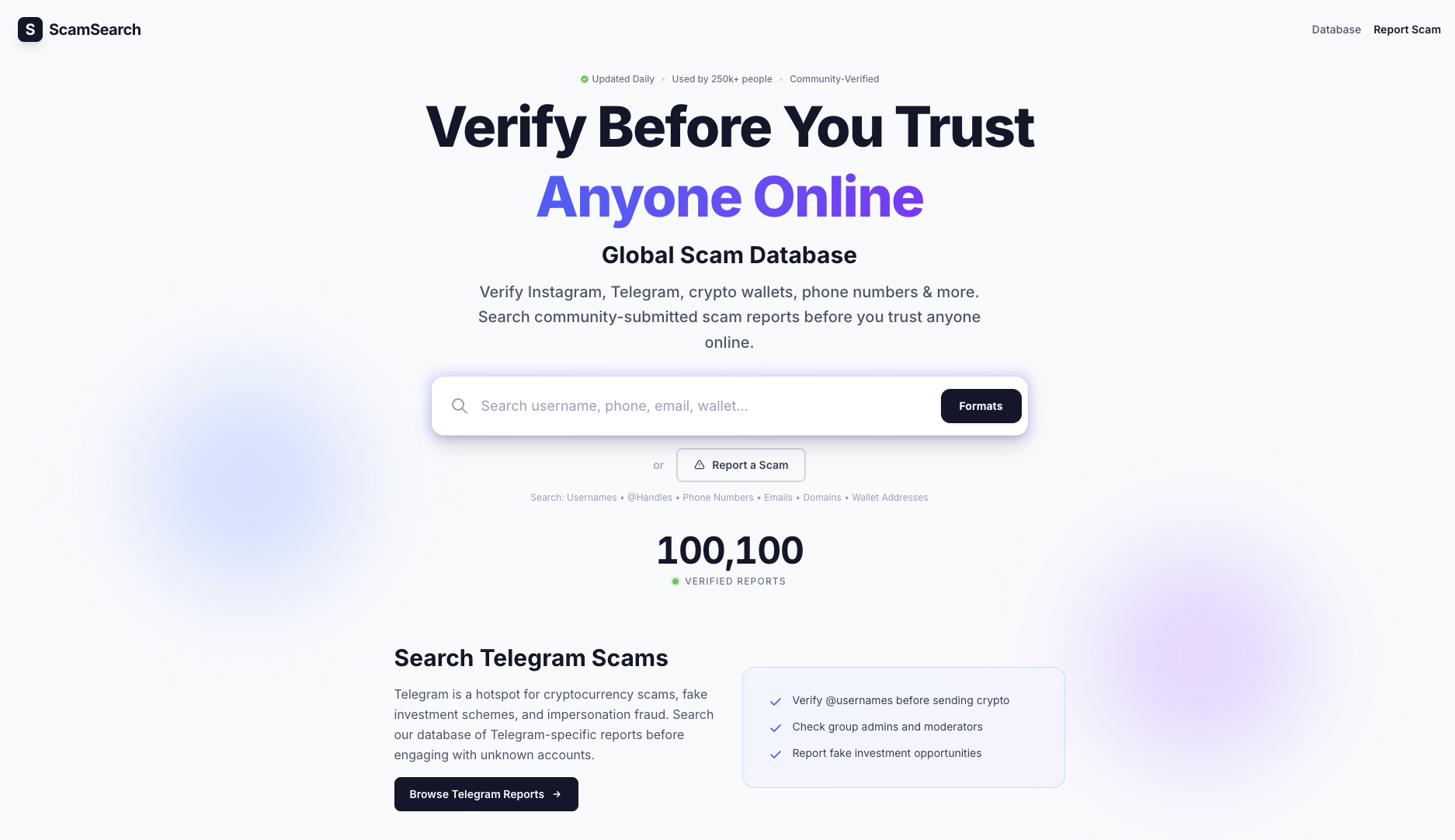 ScamSearch.org - Main product screenshot demonstrating key features and user interface