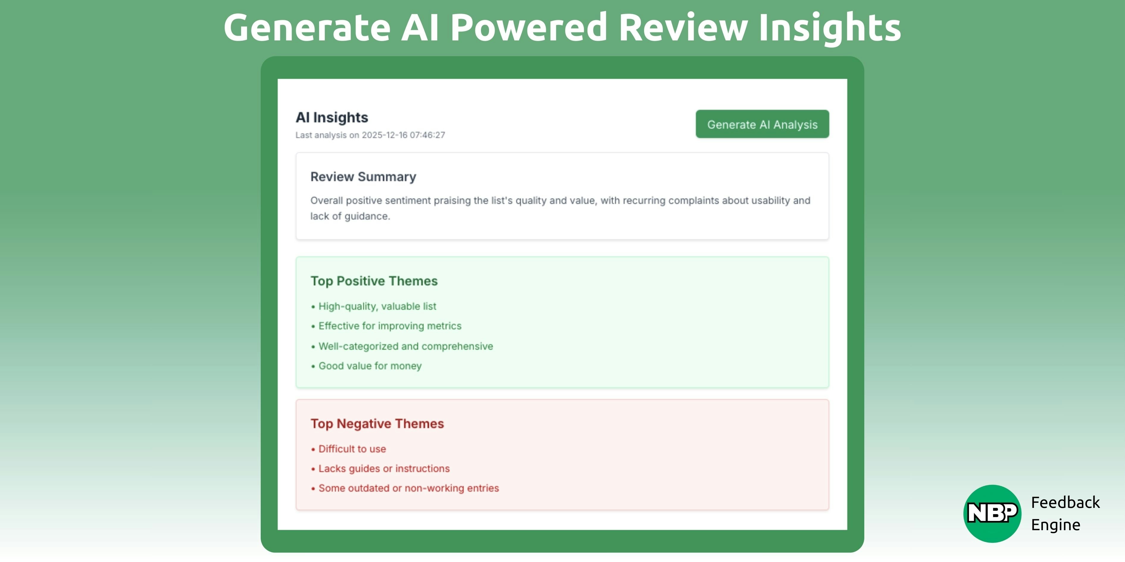 NBP Feedback Engine - Screenshot 3 showing product features and functionality