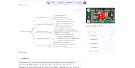 サマライズ.ティングのスクリーンショット：サーチバー、ビデオのサムネイル、そしてサマリーセクションを備えたインターフェースが直感的に表示されているサマライズ.ティングのプラットフォームのスクリーンショットです。