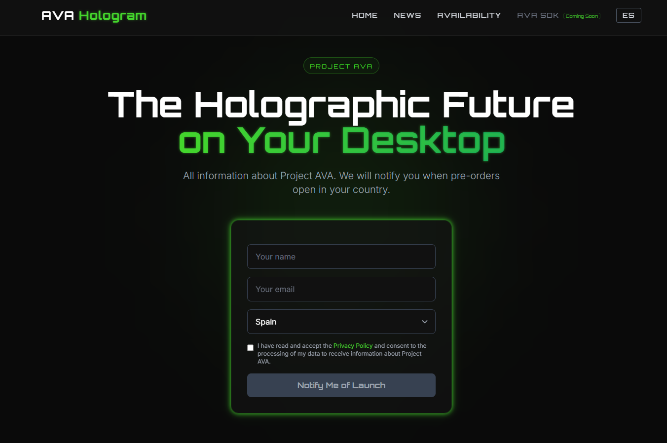 AVA Hologram - Main product screenshot demonstrating key features and user interface