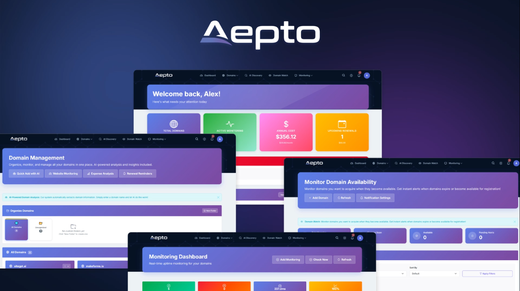 Aepto – AI for Domains & Websites - Main product screenshot demonstrating key features and user interface