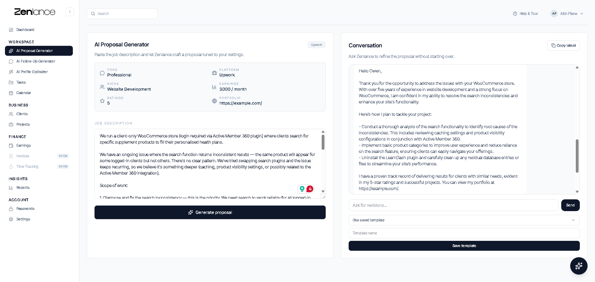 Zenlance - AI CRM For Freelancers - Screenshot 2 showing product features and functionality