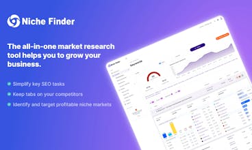Una captura de pantalla de la interfaz de usuario de Niche Finder mostrando datos de investigación de mercado y herramientas de análisis de palabras clave.