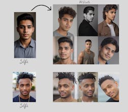 Uma série de fotos antes e depois exibindo o poder transformador de estilos de cabelo aprimorados pela IA em diferentes indivíduos.
