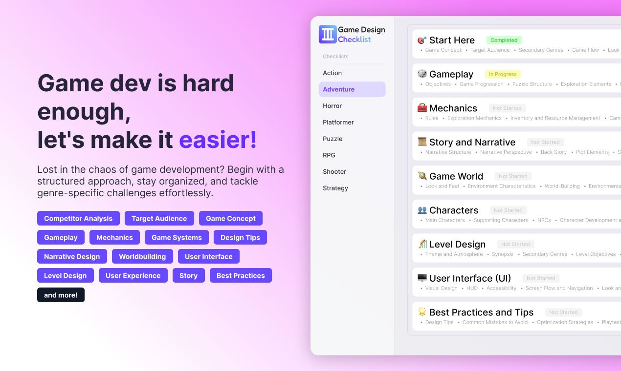 startuptile Game Design Checklist-Genre-based checklist tool for game developers and designers