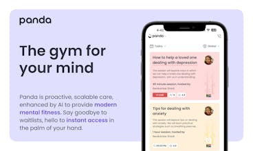 판다 피트니스 센터의 모바일 앱 인터페이스는 스마트폰 화면에 표시되며, 정신적 탄력을 향상시키는 실용적인 방법을 제공합니다.