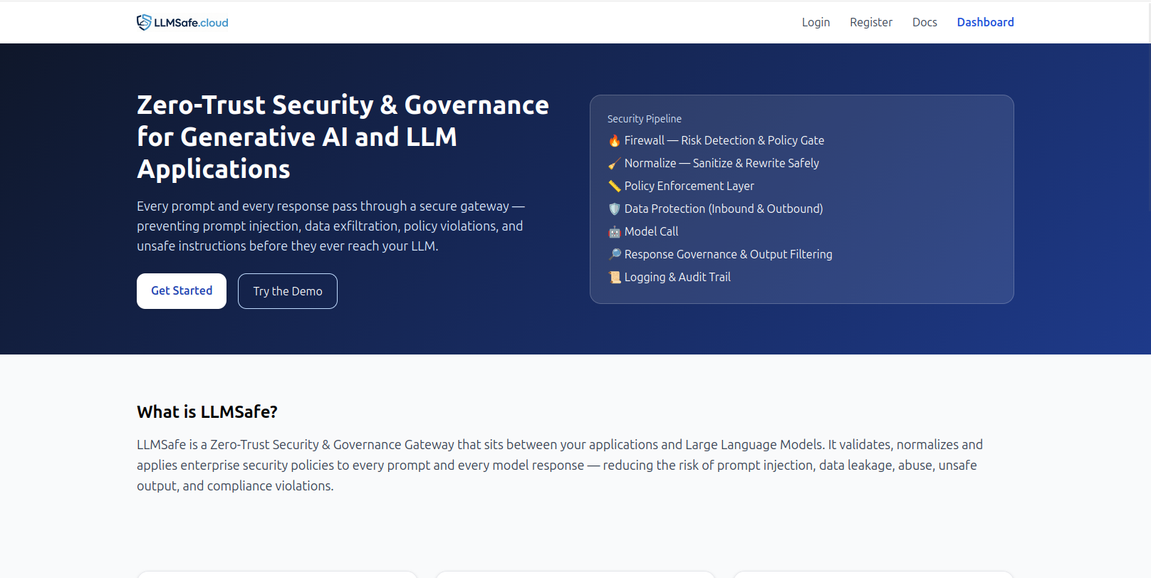 LLMSafe — Zero-Trust AI Security Gateway - Main product screenshot demonstrating key features and user interface
