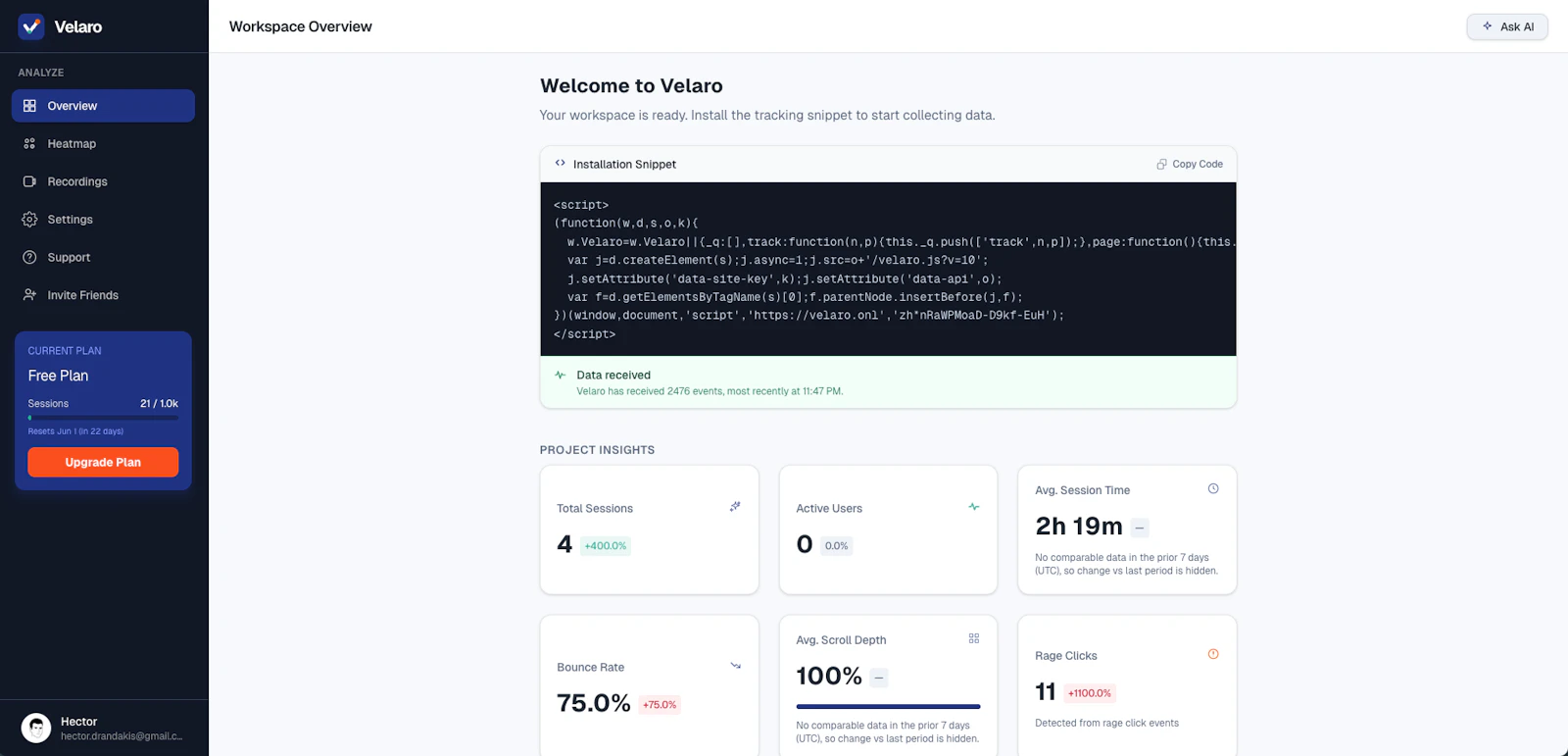 Velaro — AI user behavior analytics screenshot 2