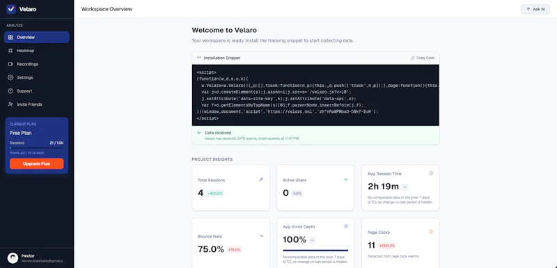 Velaro — AI user behavior analytics screenshot 2