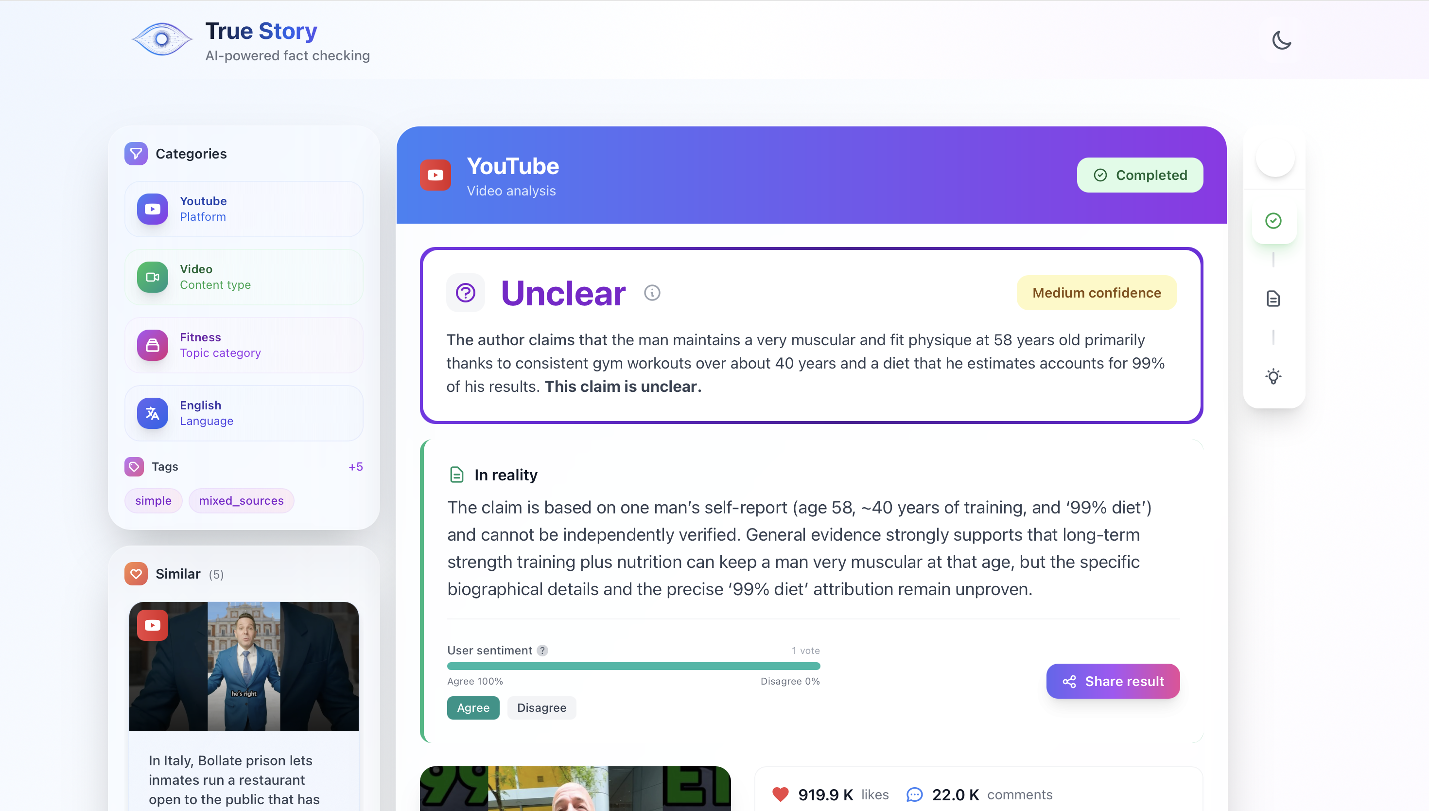 TrueStory - AI Fact-checker - Main product screenshot demonstrating key features and user interface