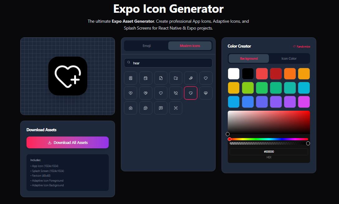 Expo Icon Generator - Main product screenshot demonstrating key features and user interface