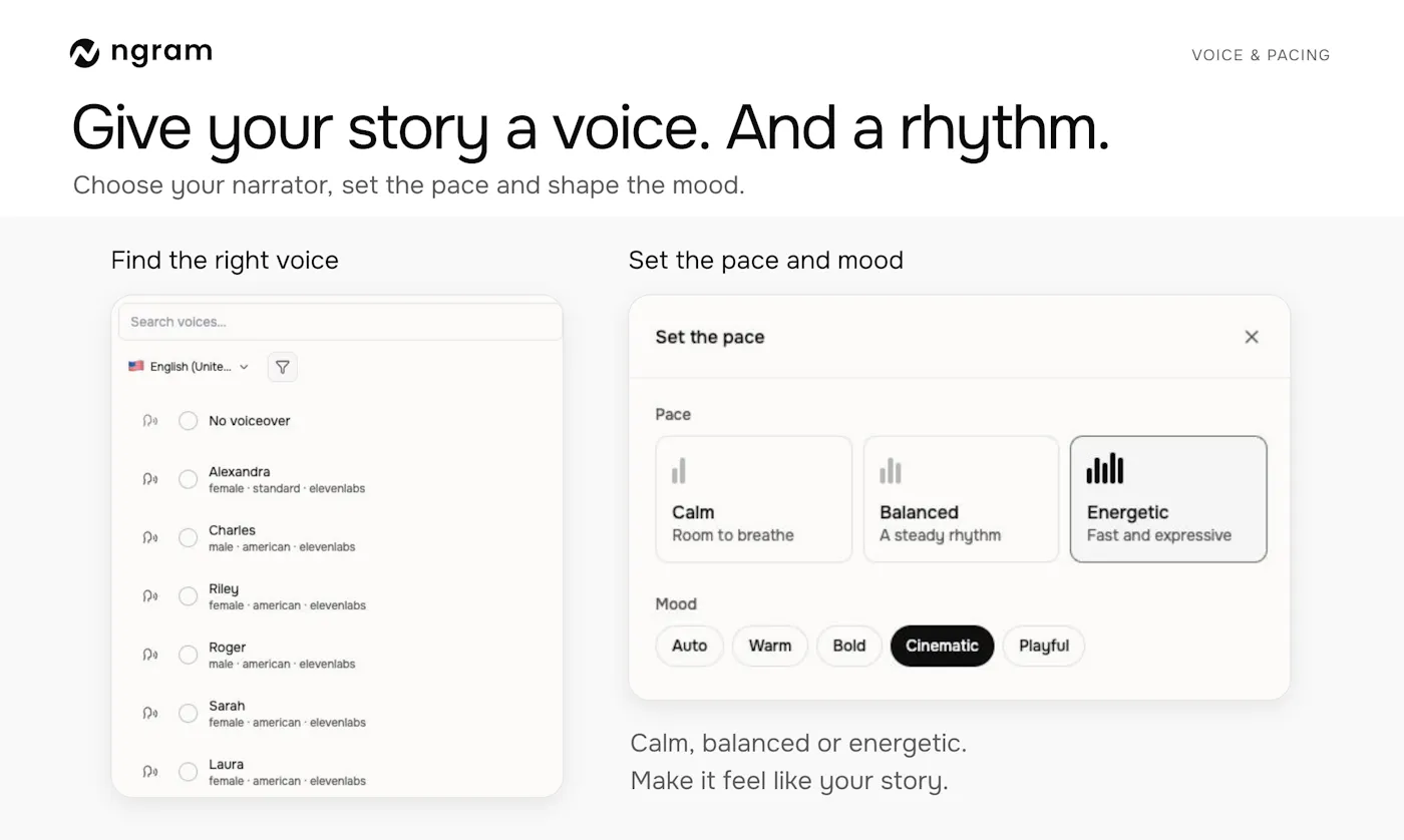 ngram 'Give your story a voice. And a rhythm.': voice and pacing settings for narration