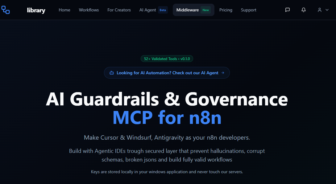 N8N MCP workflow builder for Agentic IDE - Main product screenshot demonstrating key features and user interface