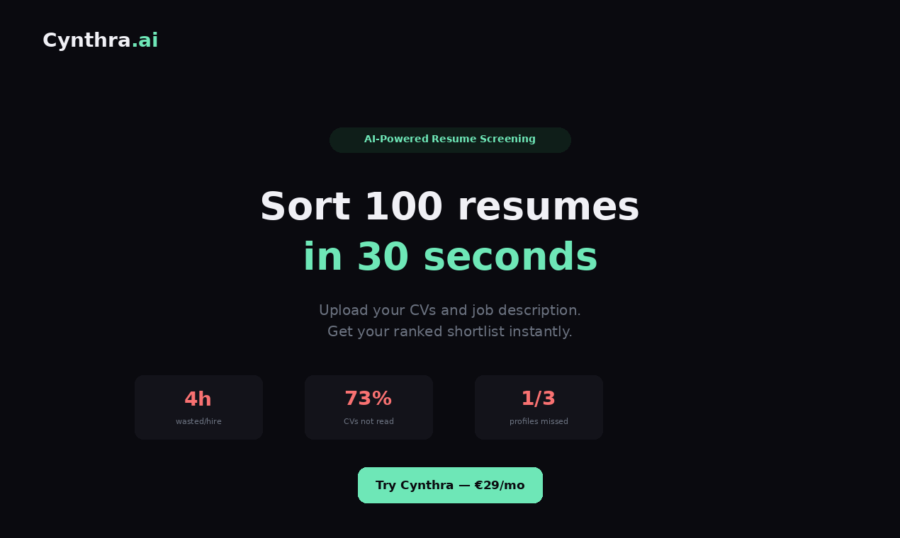 Cynthra.ai — CV Scorer by AI - Main product screenshot demonstrating key features and user interface