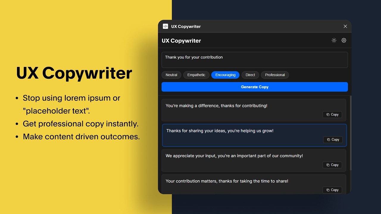 UX Copywriter — Figma plugin for UX copy gallery image
