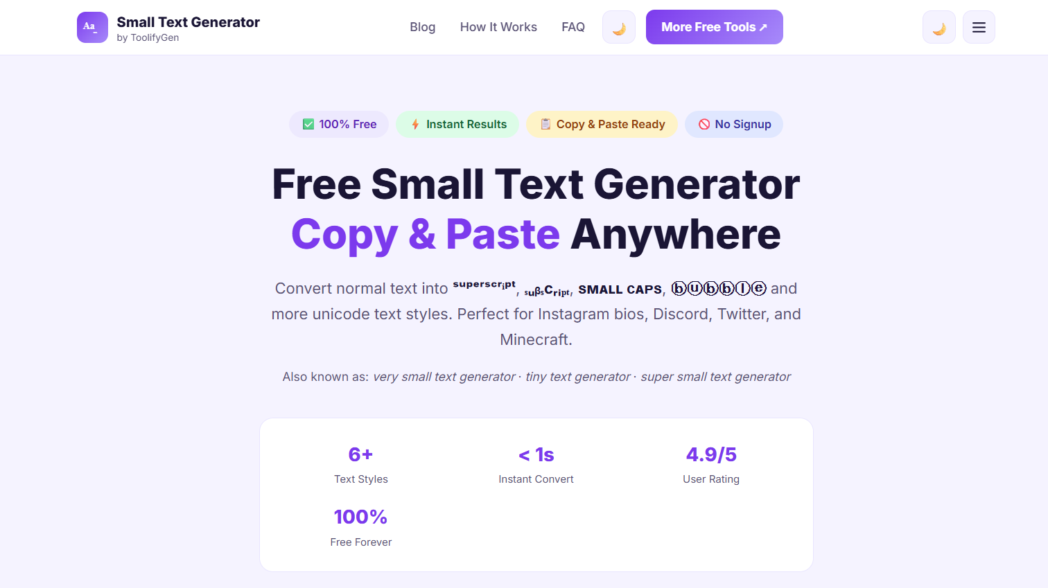 Small Text Generator by ToolifyGen - Main product screenshot demonstrating key features and user interface